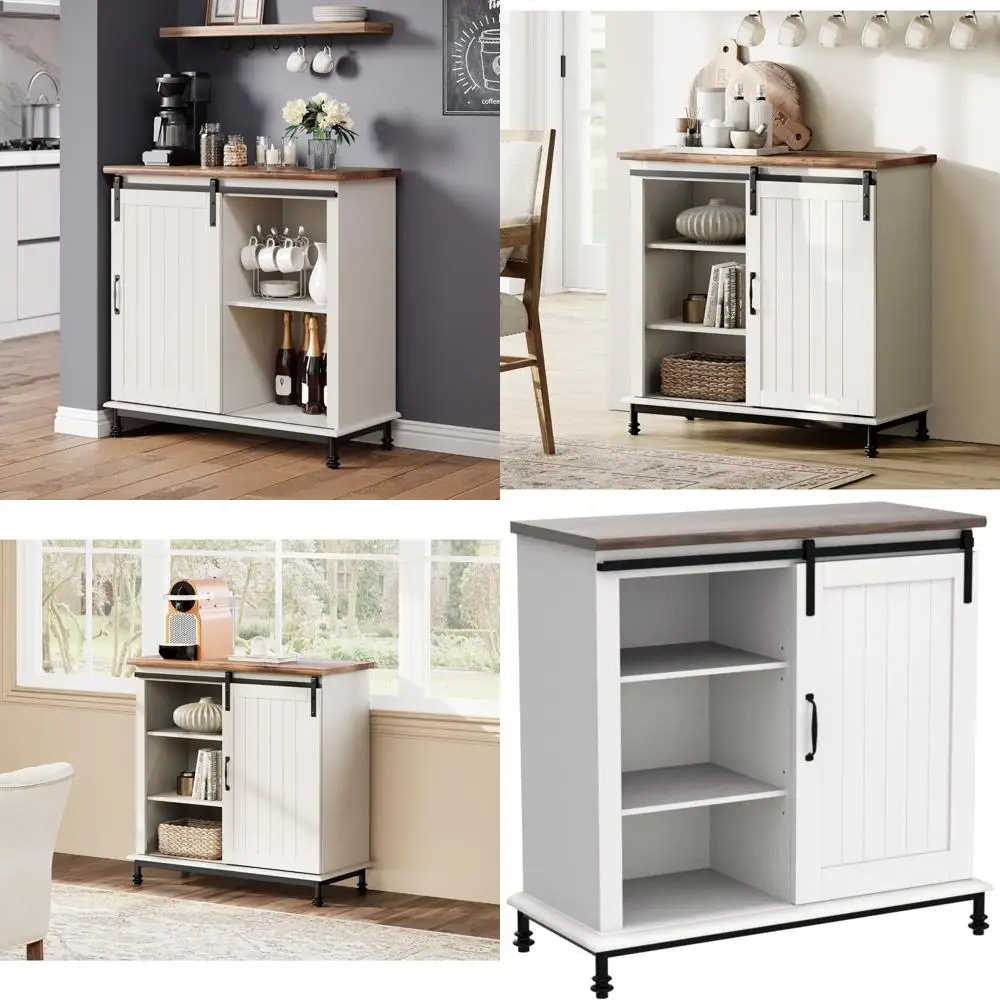 خزانة جانبية للبوفيه على طراز المزرعة مع باب حظيرة منزلق، وطاولة وحدة تحكم لخزانة القهوة والمدخل #1