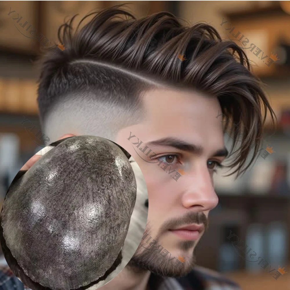 

Natural Hairline Men's Toupee Durable Thin Skin Full Pu Human Male Hair Prothesis Grey Wig #3 #2 Ash Brown 5Inch Man Hair System