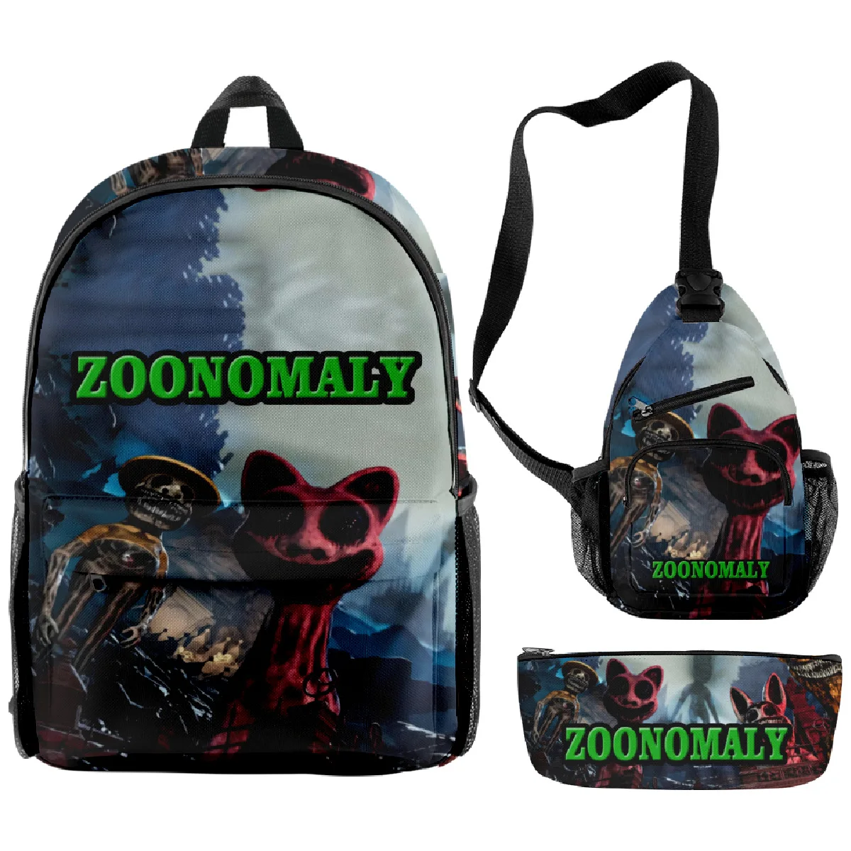 Hip Hop populer Novelty lucu Zoonomaly 3D dicetak 3 buah/set tas sekolah murid perjalanan ransel Laptop tas dada kotak pensil