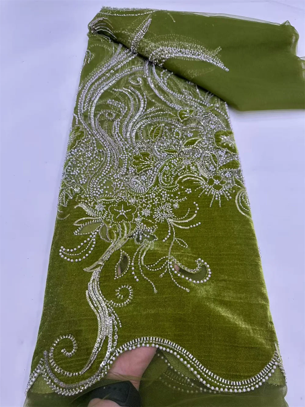 

Green Lace Fabric Luxury French African Velvet Tulle Beads lace Sequin Mesh Lace Nigeria French Fabric For Wedding Dress A1151-1