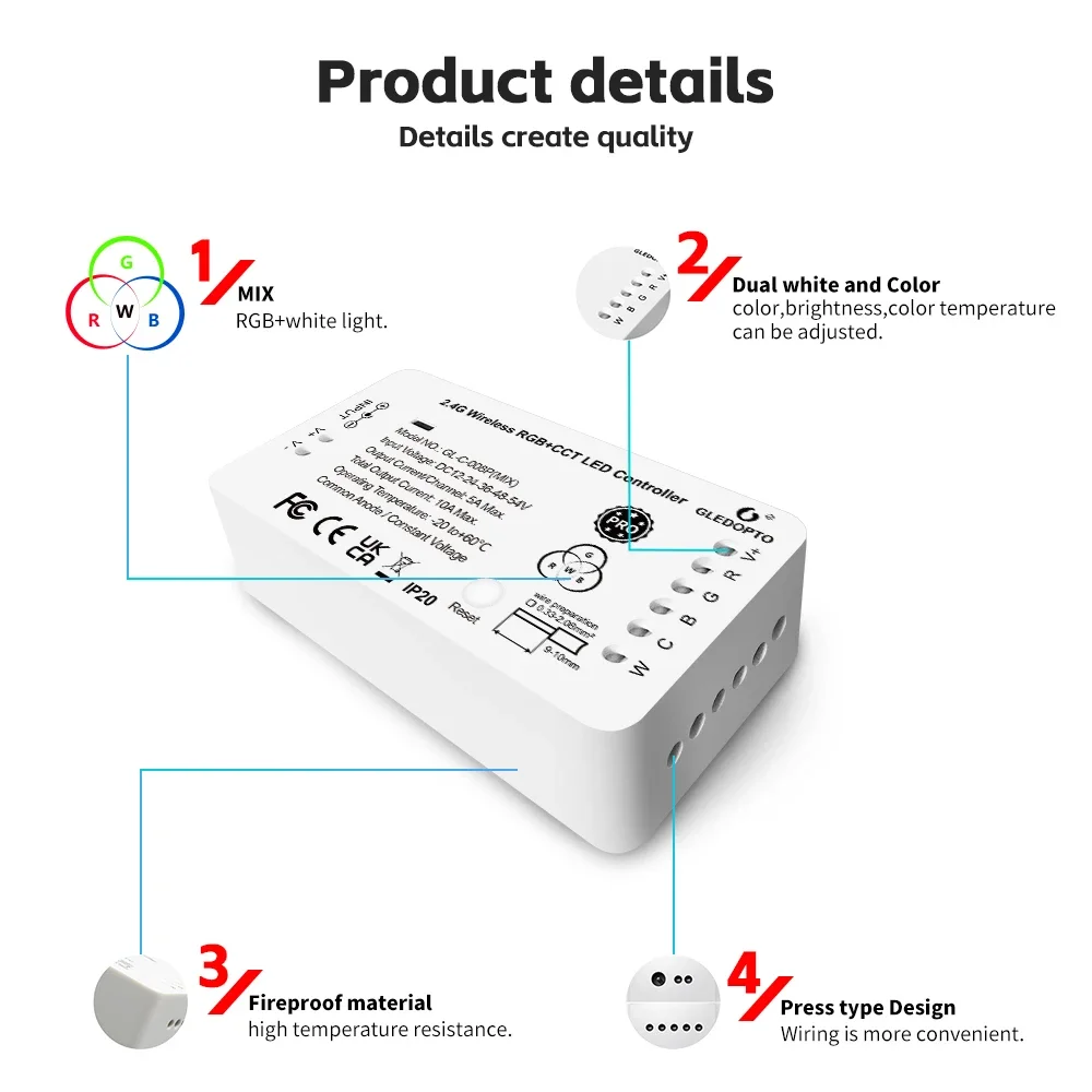 GLEDOPTO (RGB+W ) 12-24V ZigBee LED Strip Controller  Alexa Tuya SmartThings App 2.4G RF Remote Control