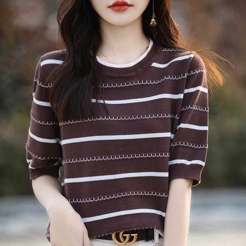 Women's T-shirt Summer 100% Cotton Sweater Short Sleeve Casual Striped Round Neck Ladies Tops Loose Blouse Hollow Pullover Tees image 5