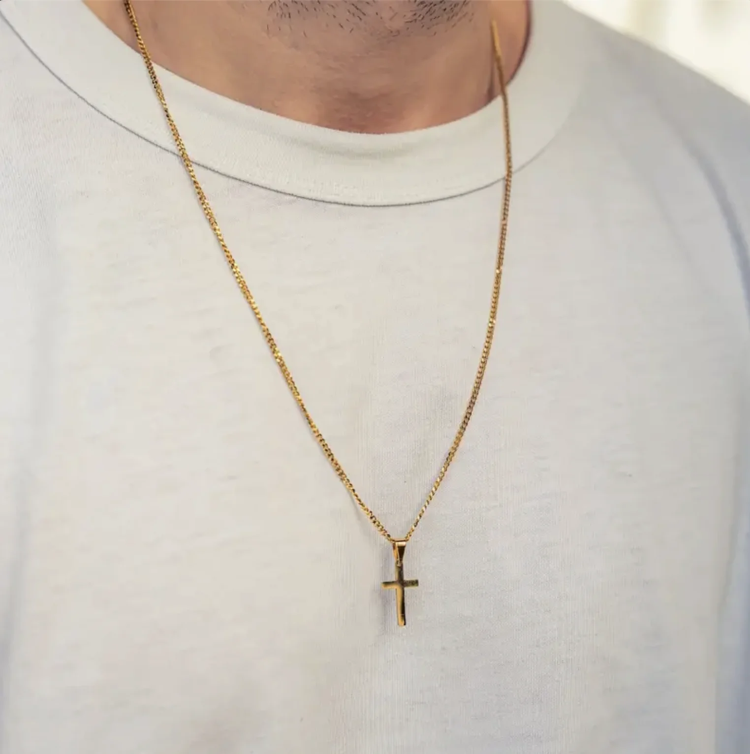 Collar con colgante de cruz a la moda para hombre, cadena cubana chapada en oro, cadena de acero inoxidable, collar de diseño exclusivo para hombre y mujer