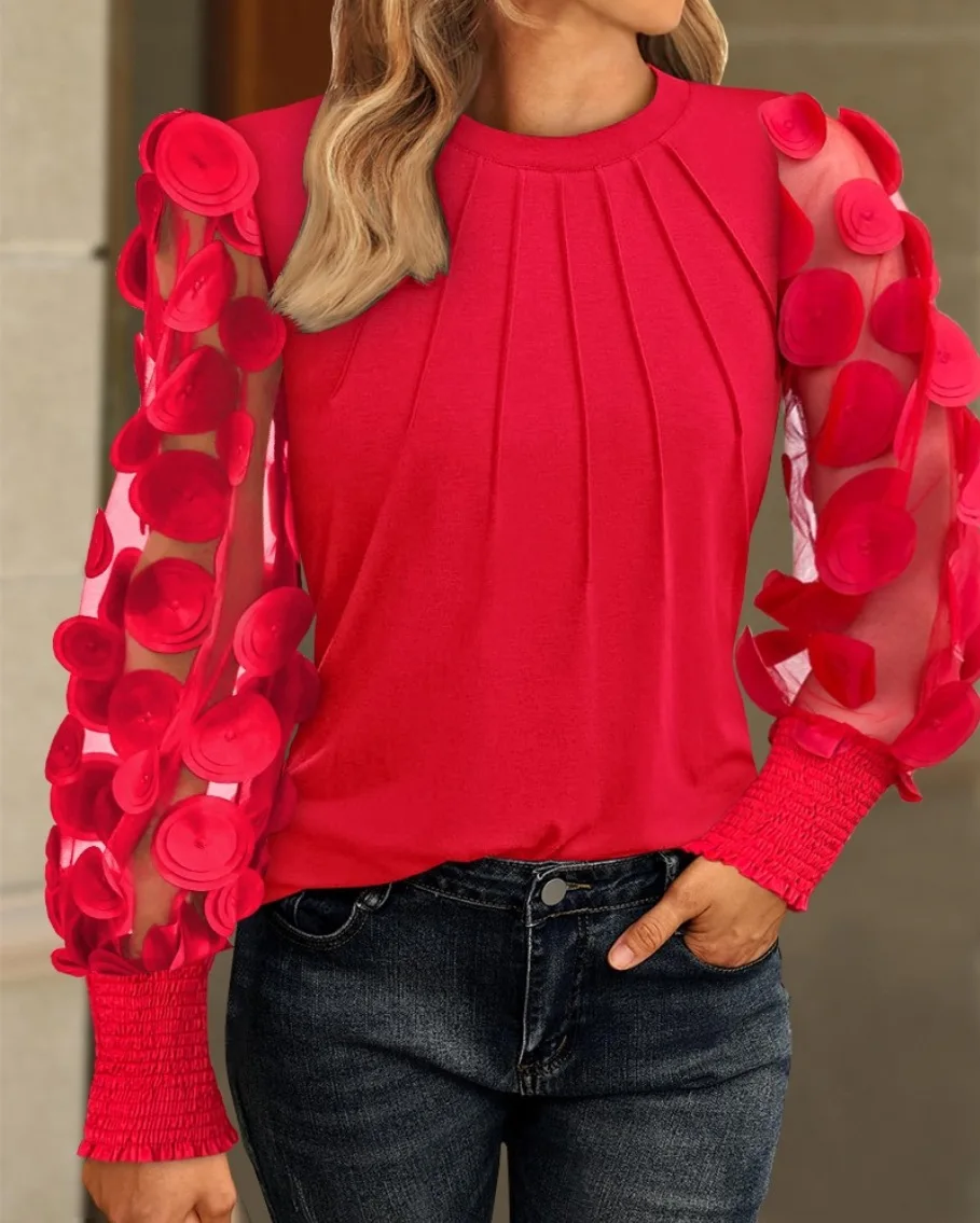 Bluse mit Rundhalsausschnitt und plissierter Vorderseite, 3D-Blumenmuster, langärmelig, mit gerafften Manschetten, elegant, für den Alltag, Partys, süß, lässig, Oberteil – Detail 7