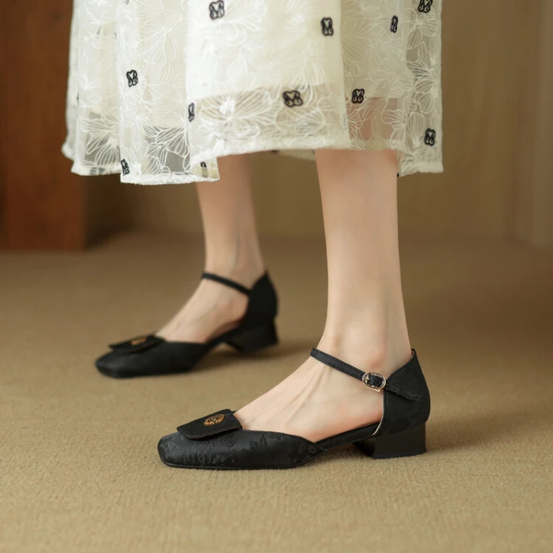 New Chinese Style Sandals Summer Sexy Women's Shoes Breathable Thick Female High Heels 2024 High Quality Elegant Ladies Sandals