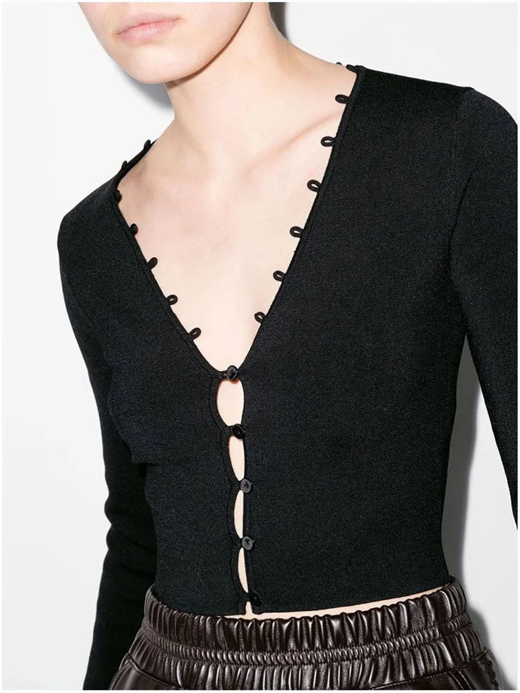 Ladies Sexy Single Breasted Hollow Out Cardigan 2023 Fall New Female V Neck Long Sleeve Slim Short Knitwear Top