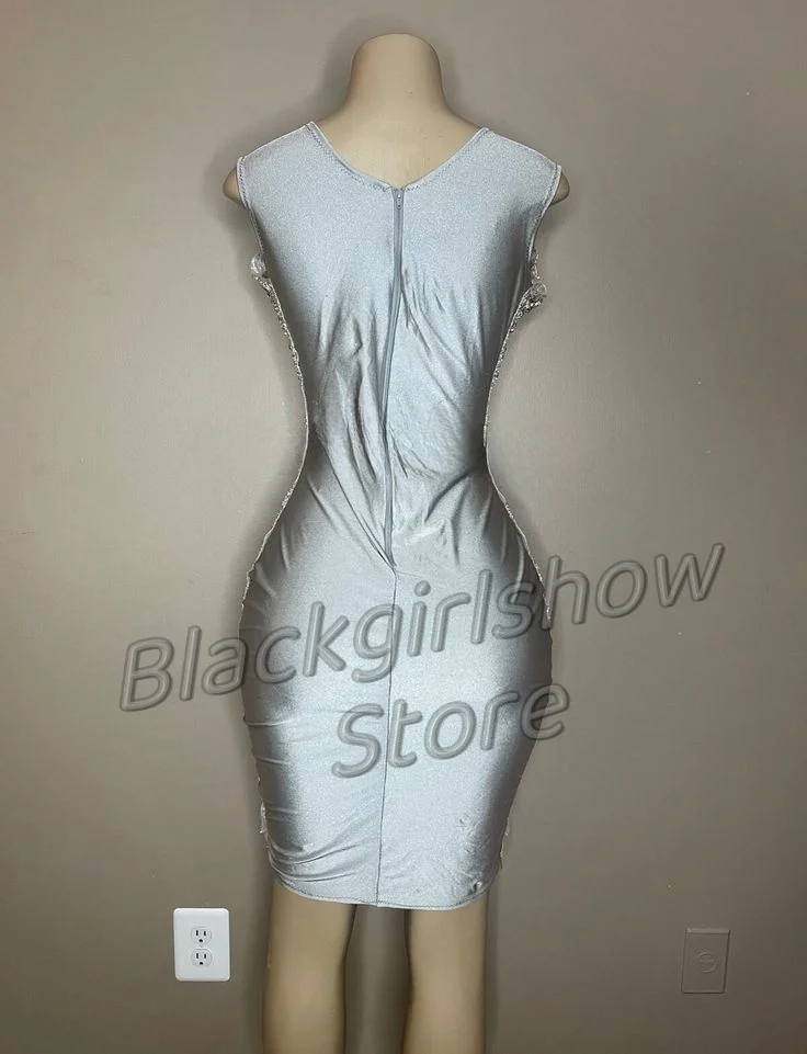 Luxury Silver Diamante Cocktail Party Dresses 2024 For women Sexy Glitter Beaded Crystal Mini Dresses Birthday Party Queen Dress