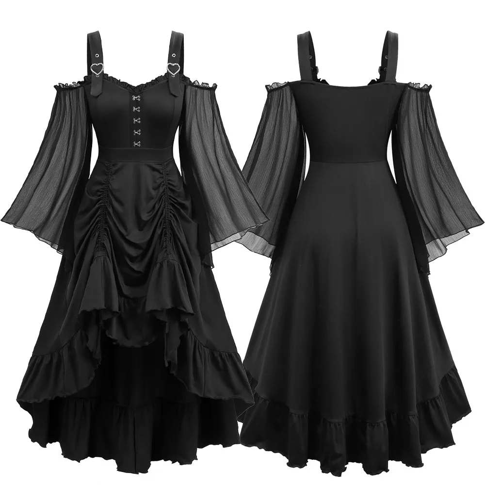 

ROSEGAL Черное женское платье больших размеров с открытыми плечами, многослойное повседневное вечернее платье с крючками и завязками, с длинными рукавами, Vestido