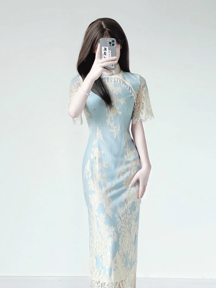 

Ting Yue Ling New Chinese Style Young Girl Dress Elegantly Designed High Waist Short Sleeve Midi Qipao And Youthful