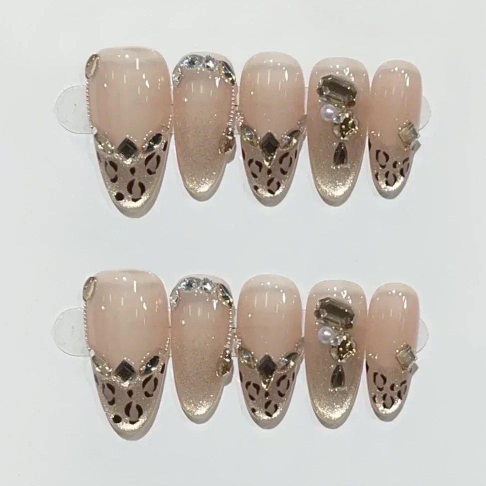 10 pçs outono artesanal imprensa em unhas marrom leopardo impressão design unhas falsas francês strass artificial ballet wearable manicure