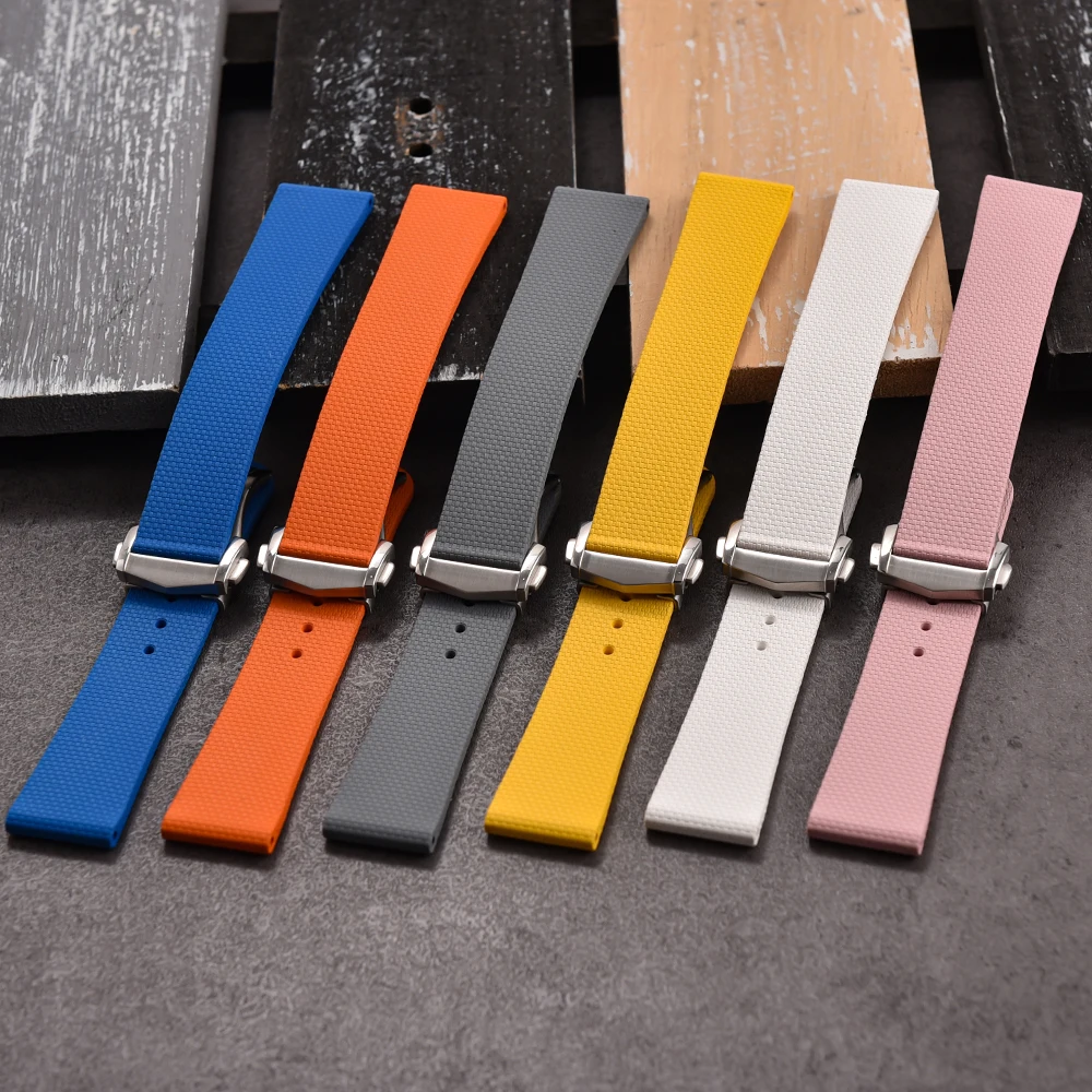 FKM Rubber Watch Strap 20mm Sailcloth Tecxture Band Deployment Buckle for Swatch Omega Seiko Soft Waterproof Replace Wristbands