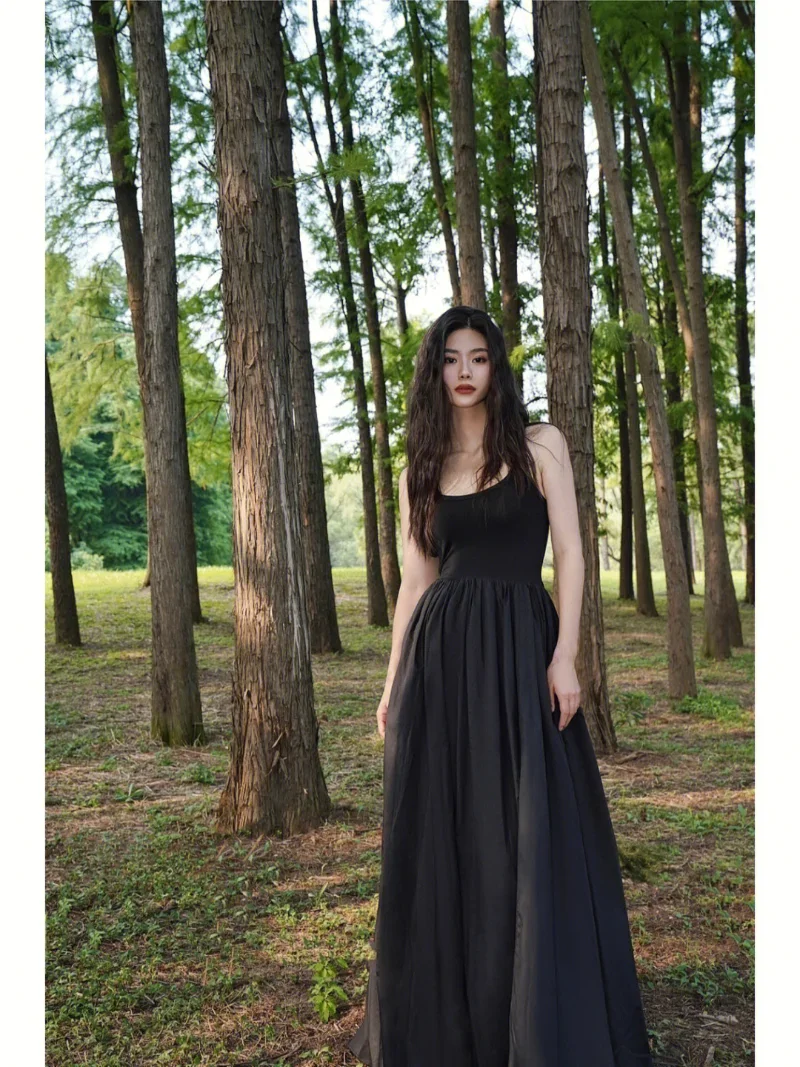 Korean High Waist Sleeveless Midi Dress Women Summer Slim A Line Camis Dress Elegant Black Pleated Party Night Robe Y2k Dress