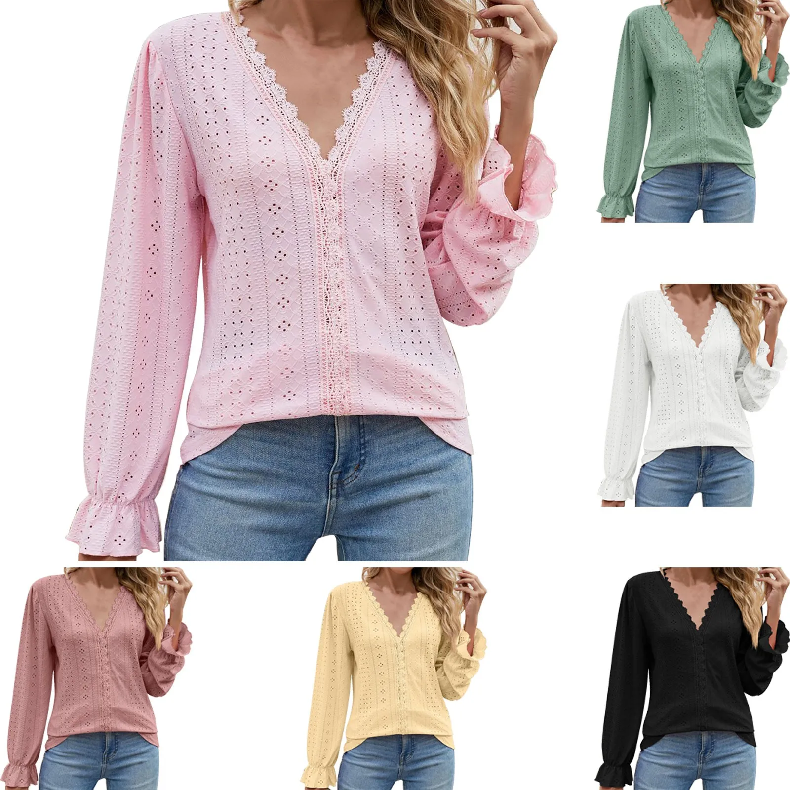 Women's Tops Dressy Casual V Neck Lady Tops Long Sleeve Womens Athletic T Shirt Pack Bulk Shirts for Printing Women Sleeve Top