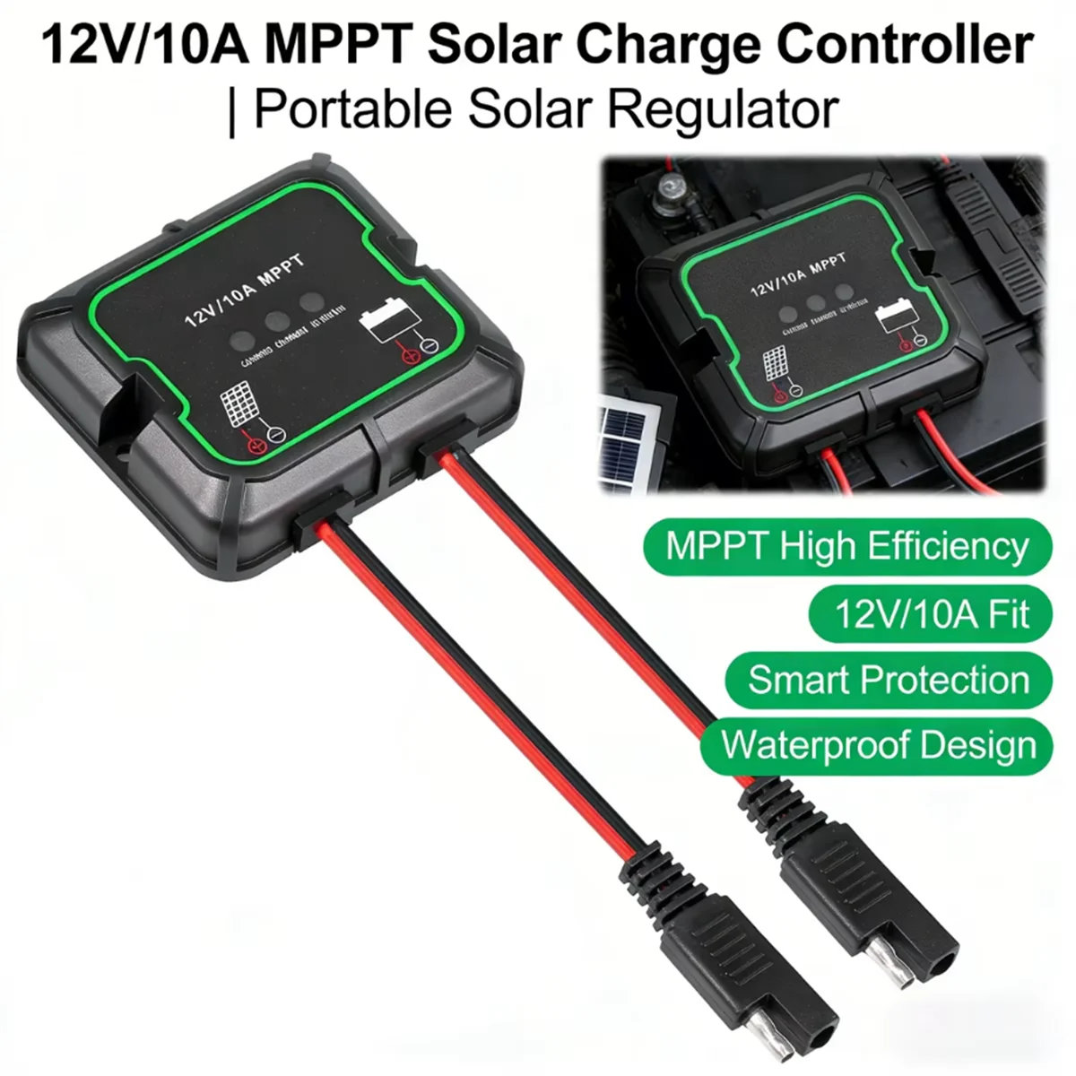 MPPT Solar Charge Controller 10A 12V Waterproof Intelligent Portable Solar Panel Controller for AGM Gel Flooded Lithium Battery