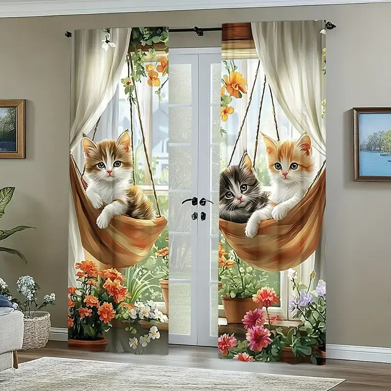 VIKAMA 2 Stück Niedliche Katzen-Schattenvorhänge, Schlafzimmer- und Wohnzimmer-Polyester-Vorhänge, Heimdekoration-Vorhänge, Stangen- und Taschendesign