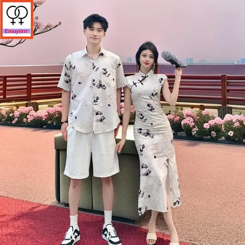 QiPao Cheongsam Dresses New 2025 Summer Sleeveless Cute Honeymoon Date Women Flower Pencil Split Slit Couple Clothes Shirt Dress