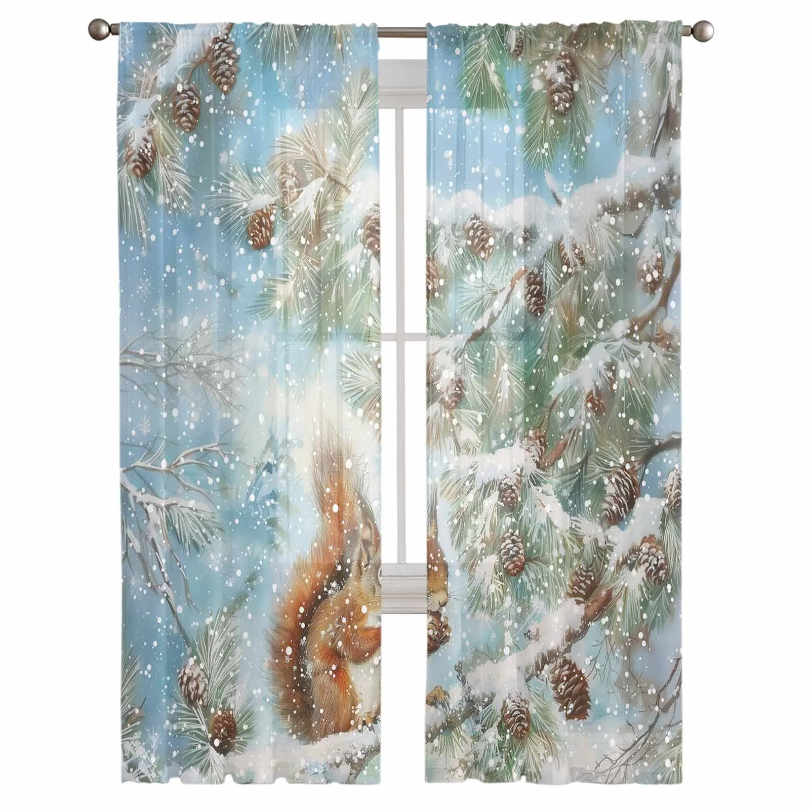 Christmas Winter Squirrel Snowflake Pine Tree Tulle Curtains for Living Room Bedroom Sheer Voile Drapes Modern Printed Curtains