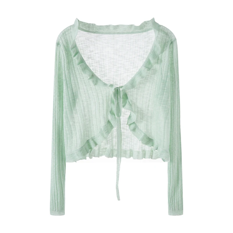 

Вязаный свитер, женские кардиганы, вязаный свитер с рюшами и шнуровкой, кардиган с длинными рукавами, женские топы, модная женская одежда с V-образным вырезом Q3350