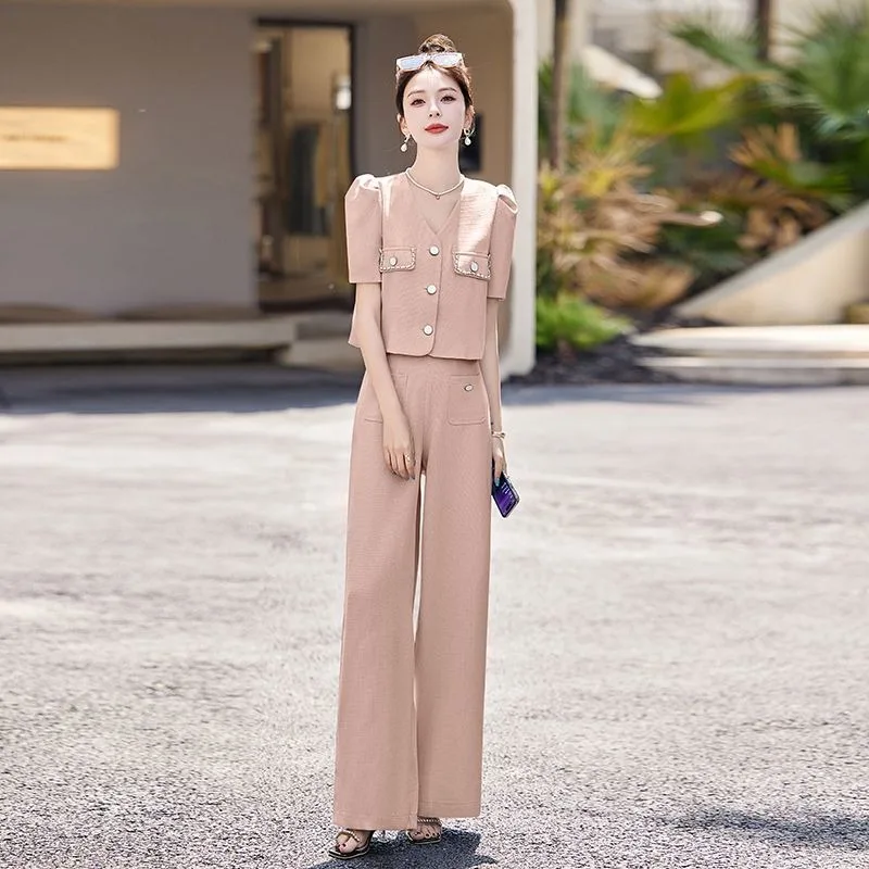 

Новый маленький ароматный французский женский костюм, летняя офисная женская рубашка с v-образным вырезом и коротким рукавом, топ + широкие брюки, модный комплект из двух предметов