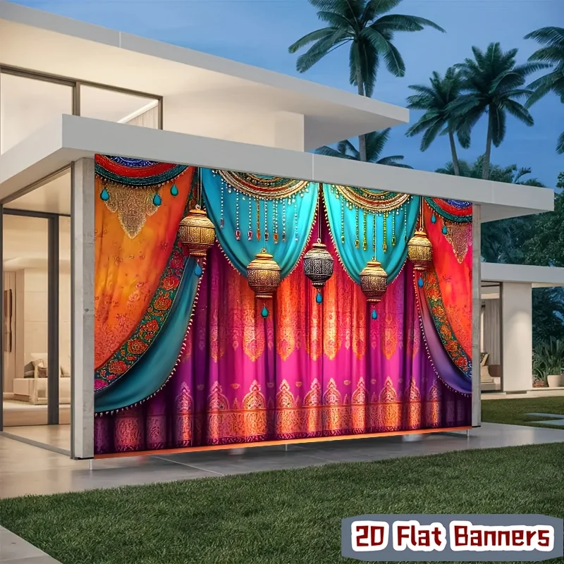 2D flacher 1-teiliger Polyester-Hintergrundstoff im indischen Stil – farbenfrohes Blumendesign, geeignet für Hochzeitsdekoration