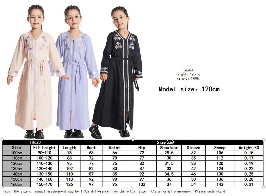 Muslim Girl's Embroidered Dress Zipper V-Neck Long Sleeve Robe with Belt Abaya Islamic Kaftan Arabian Robe Eid Party Dresses