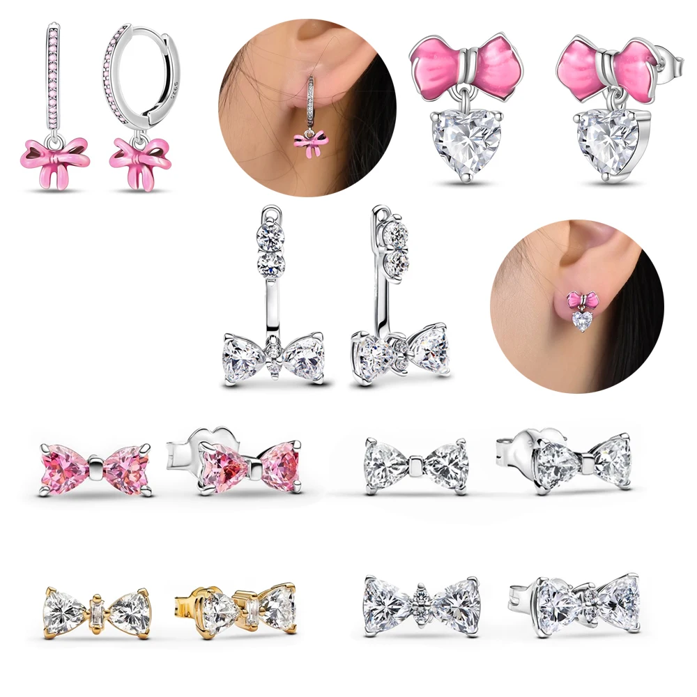 Hot Sale New Arrivals 925 Sterling Silver Exquisite Sparkling Small Bow Pink Stud Earrings Wedding Party Jewelry