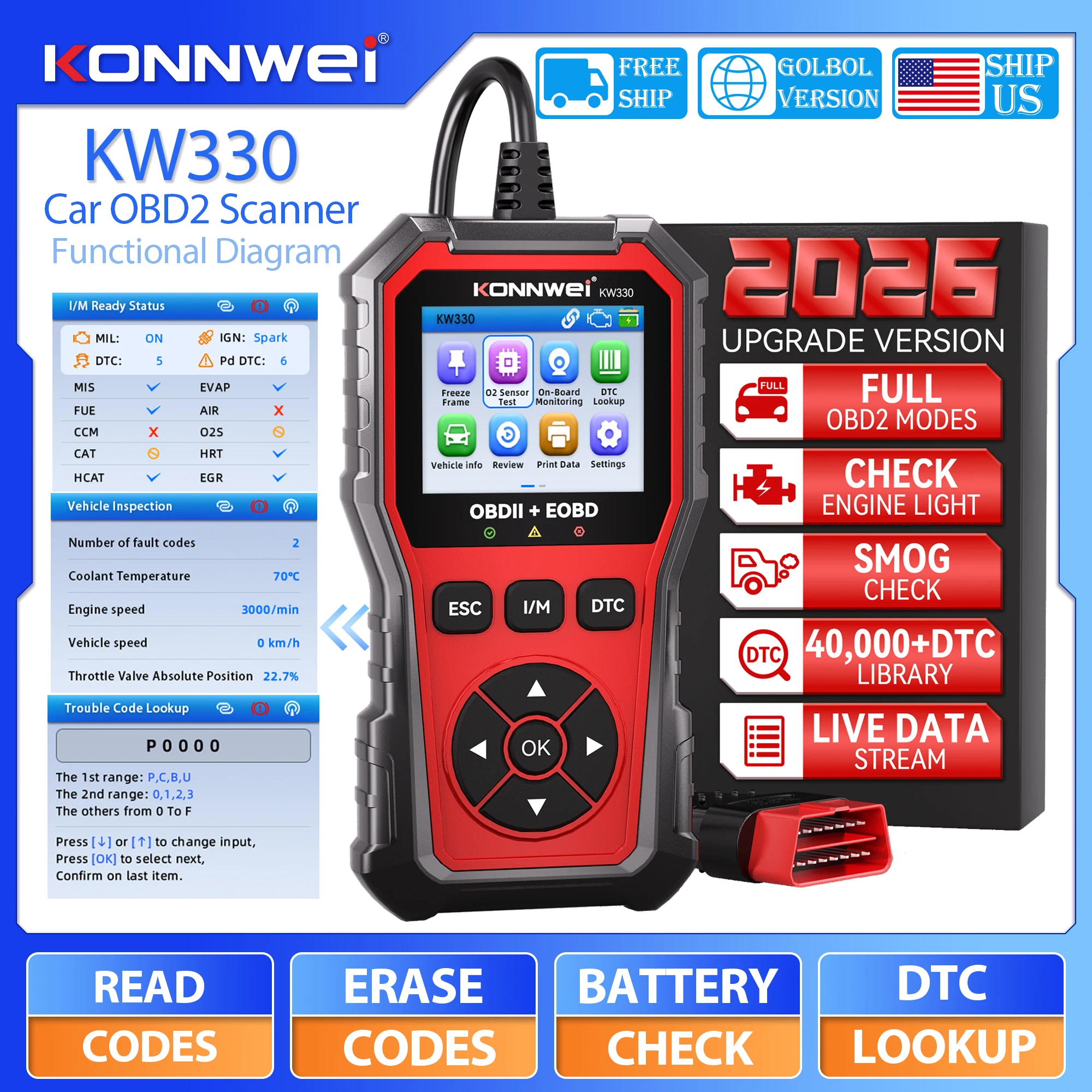KONNWEI KW330 OBD2 Scanner Check Engine Light Code Reader Car Diagnostic Scan Tool