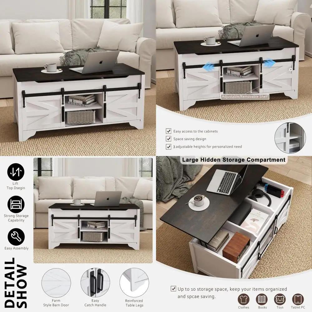 

«Русский белый журнальный столик в деревенском стиле с подъемной столешницей и раздвижной дверью для хранения сарая».