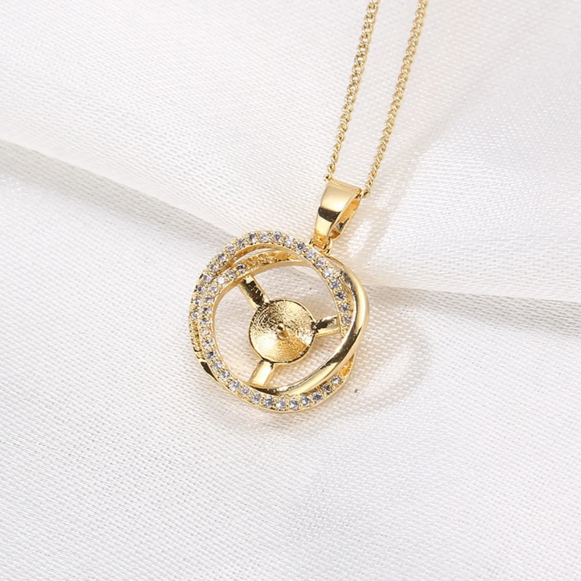 Bird Nest Round Half Inlaid Zircon Pearl Pendant Blank Setting, Brass 14K Gold Plated Tarnish Resistant DIY Findings