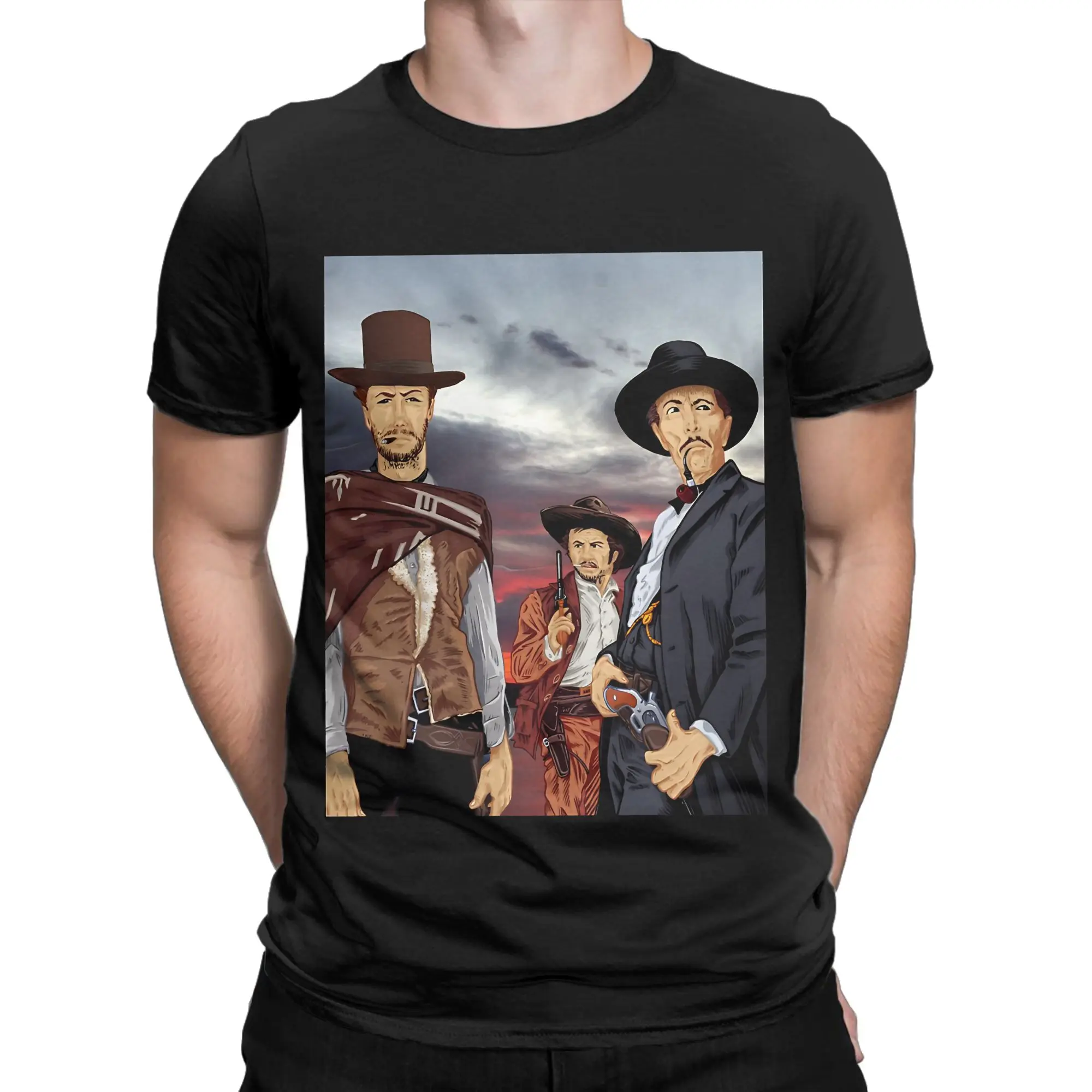 Camiseta de algodón 100% con estampado de la figura de un pistolero salvaje, diseño clásico de «El bueno, el malo y el feo», ideal como prenda de vestir para hombres.