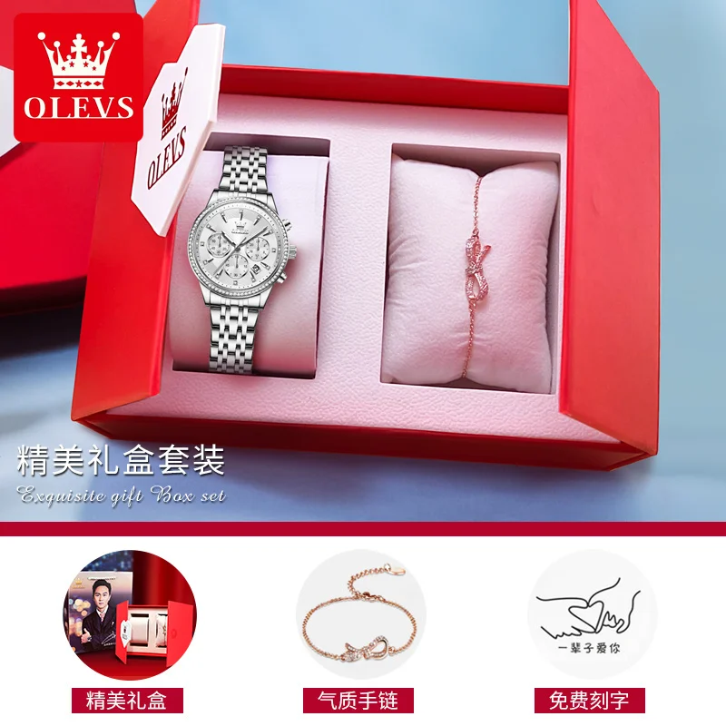 OLEVS Original New Quartz Women's Watches Three Small Dials Diamond Design Waterproof Stainless Steel Elegant Ladies' Watches