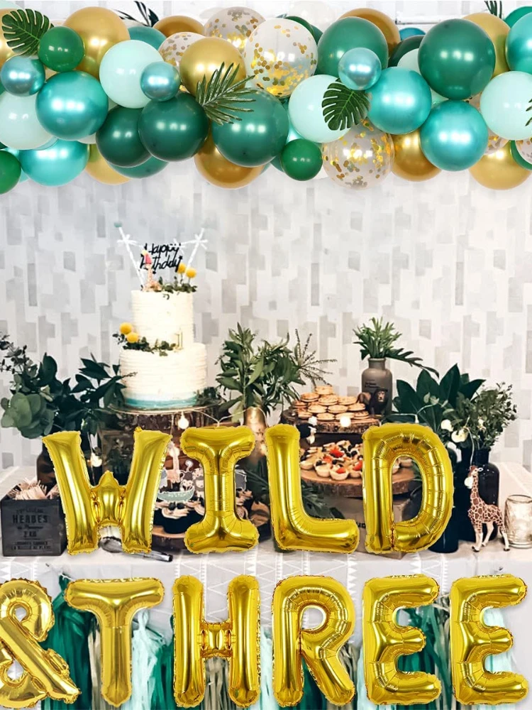 Funmemoir Wild Three Jungle Theme 3rd Birthday Decorations Green Balloon Garland Arch Kit 3 Year Old Birthday Party Supplies