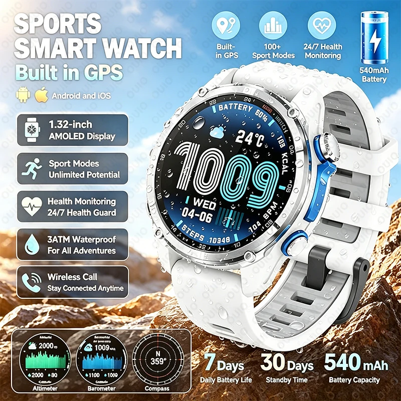 

2026 New GPS Sports Smart Watch Compass Sports Mode 3ATM Waterproof Health Monitoring 1.32 Inch AMOLED Screen Men's Smart Watch