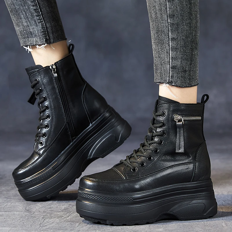 GKTINOO Ankle Boots Platform Women Genuine Cow Leather Short Boots Round Toe Height Increasing Thick Sole Ladies Shoes Handmade