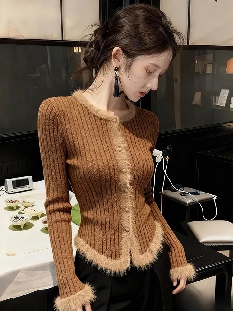 

Korean Sle Beautiful Knitted Sweater Women's Autumn Winter Long Sve Waist Cinched Vintage Sle Color Commute Frie...