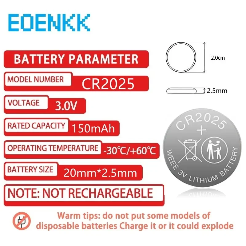 topCR2025 3V Lithium Coin Battery DL2025/BR2025/5003LC/LM2025 - Long Lasting Watch Battery for Toys, Clocks, Calculators, Key Fo