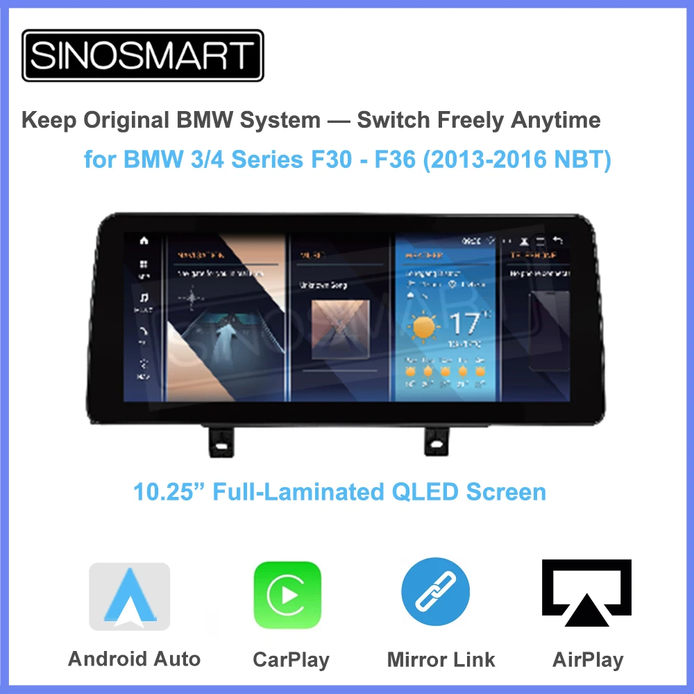 

Двойная система экрана SINOSMART 10,25 дюйма Linux для BMW серии 3/4 F30 F31 F34 F35 F32 F33 F36 2013–2016 NBT | CarPlay Android Auto