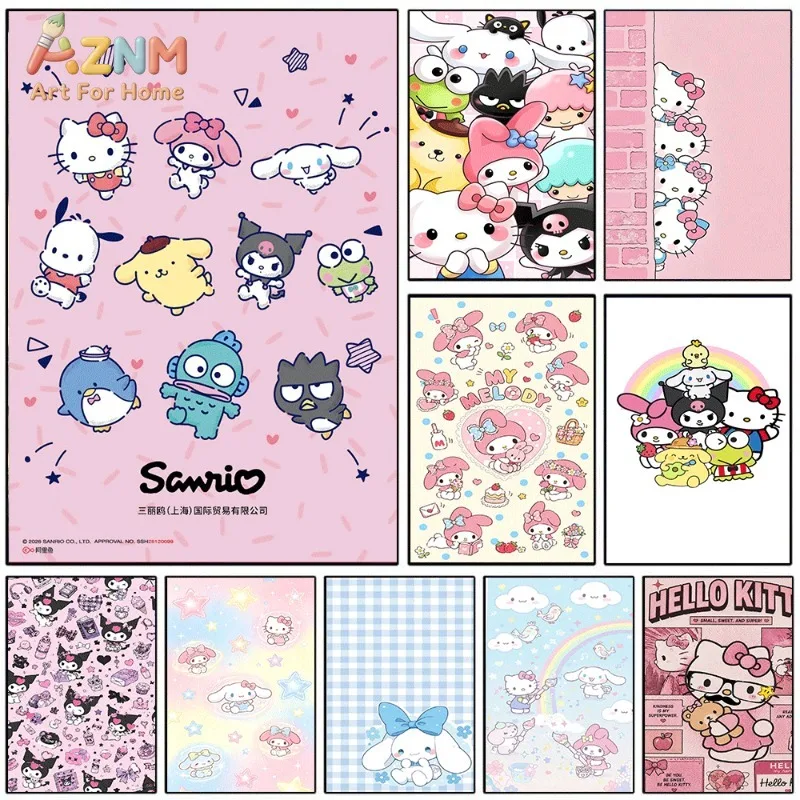 Sanrio All Characters Hello Kitty Kuromi My Melody Cute Cartoon Canvas Wall Art No Frame Single Canvas Painting Poster Girls Bed