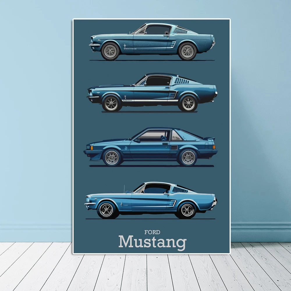 Classic Mustang Sports Car Evolution Poster Vintage Muscle Racing Canvas Painting Supercar Comic Wall Art Print Room Decor Gift