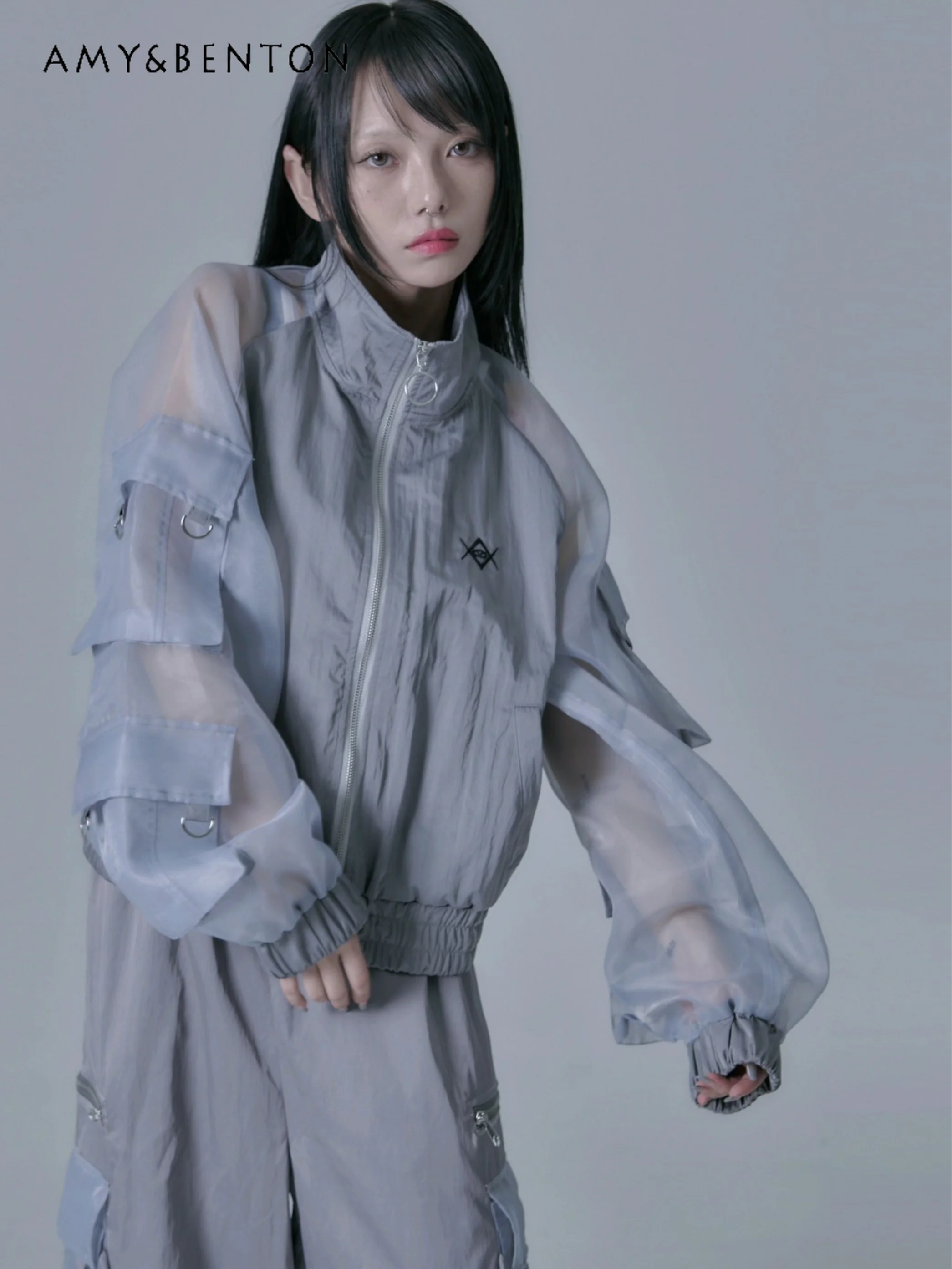 Chaquetas finas transparentes de estilo deportivo Subcultural para mujer, chaqueta con capucha de gran tamaño, estilo Harajuku de minas japonesas, Y2K