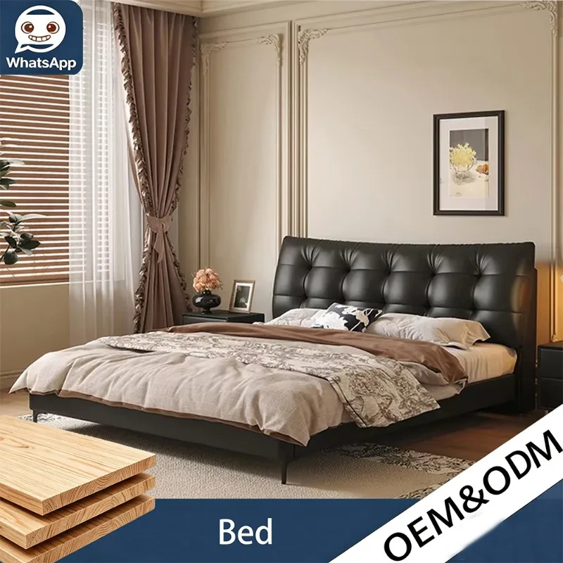 Modern Fashion Leather Double Bed, Luxury Upholstered Bed Frame for Master Bedroom Home Bedroom Furniture