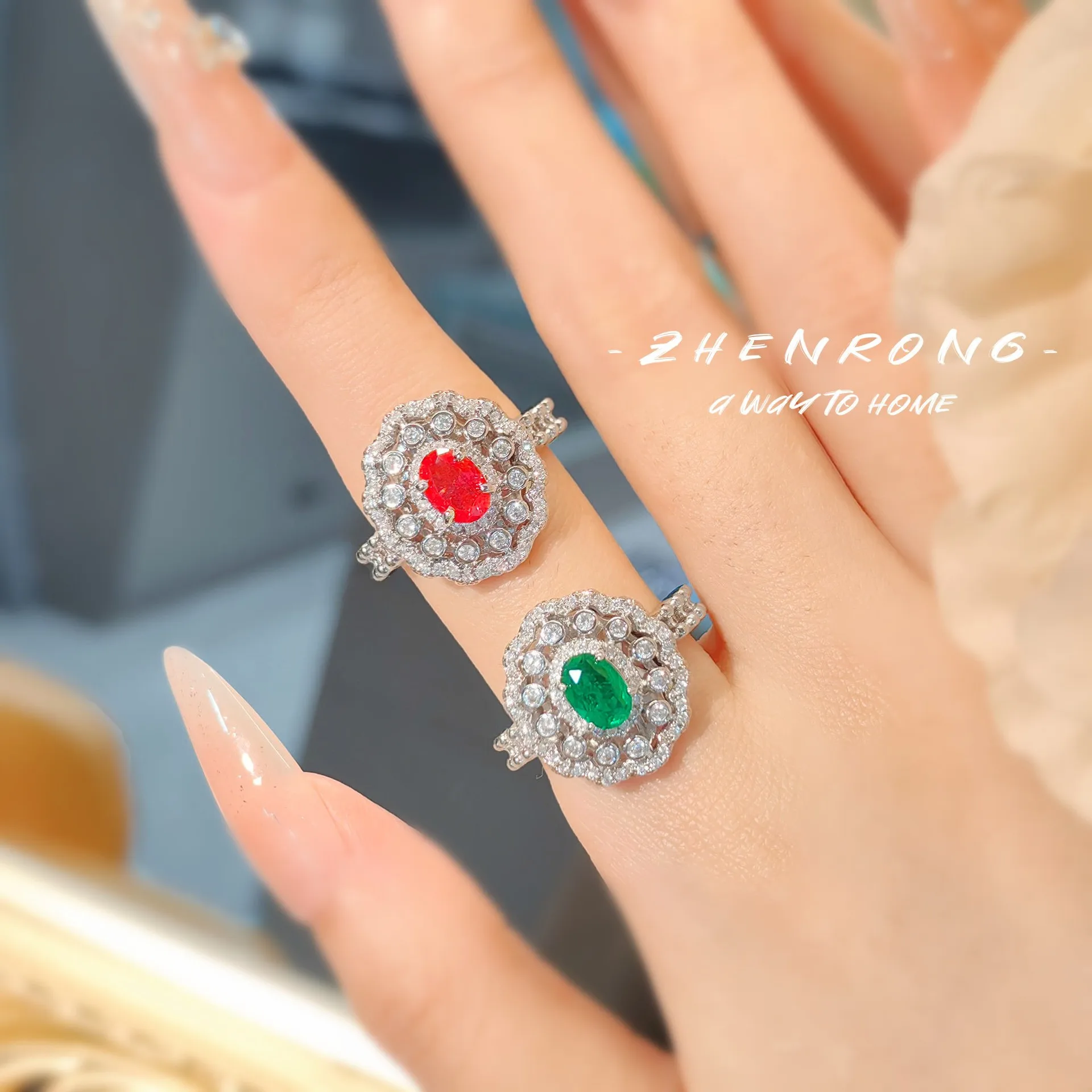 925 S925 Sterling Silver Ring Light Luxury Niche Temperament Pigeon Blood Ruby Green Diamond Ring Stylish Statement Jewelry