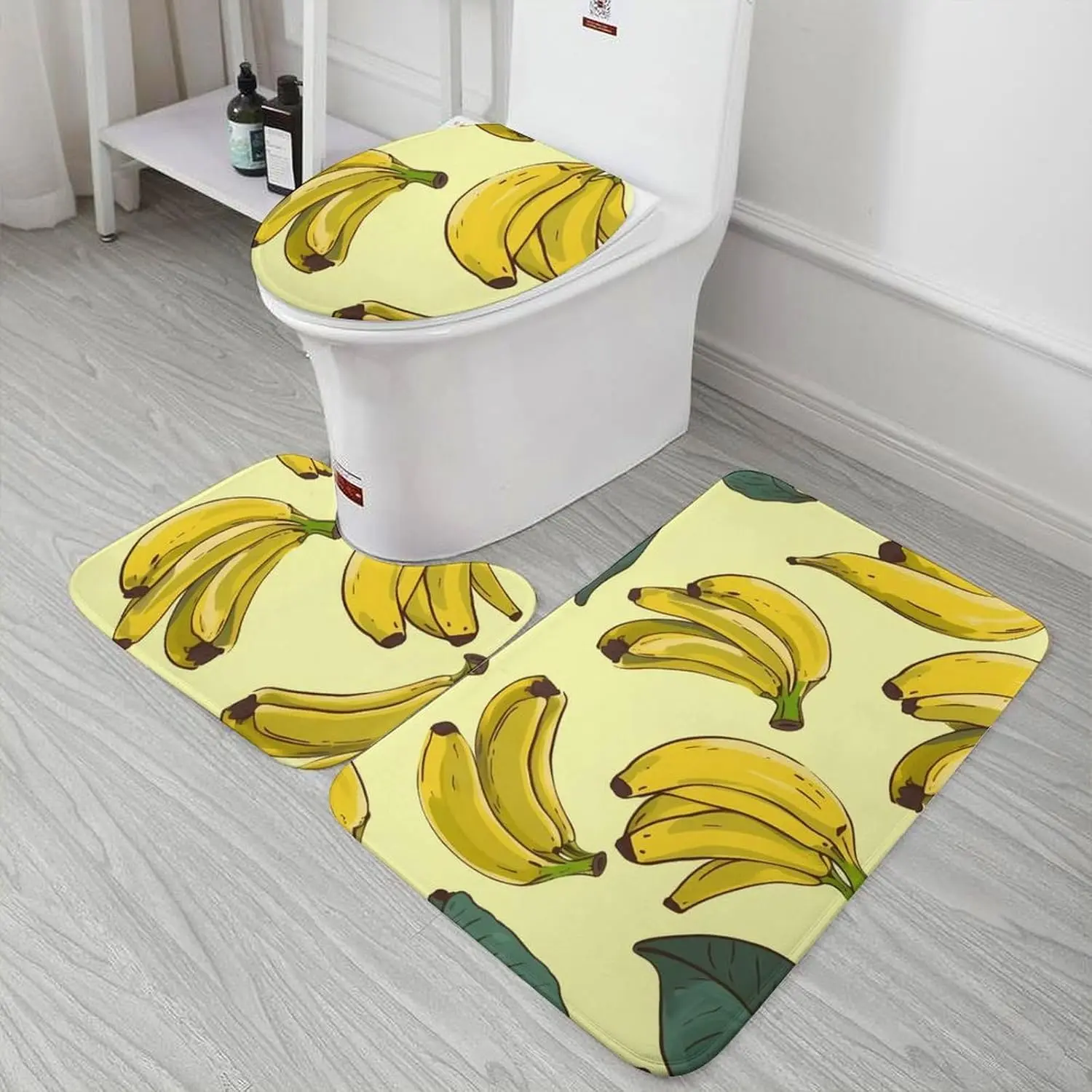 3 Piece Bath Rug Set Non Slip Absorbent Bath Mat Contour Mat with Toilet Lid Cover Banana Print Soft Floor Mats for