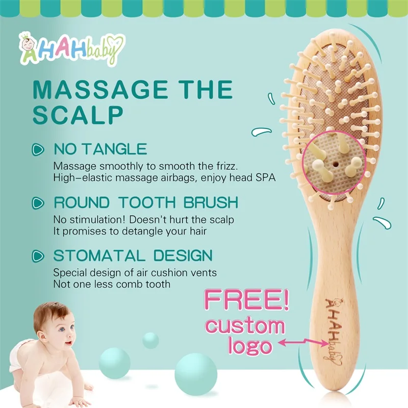 Baby Hair Brush Personalized Logo kids comb set Newborn Hair Brush Infant Head Massager Portable Kids Wood Bath Brush for Baby