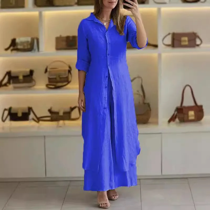 Robe longue en coton et lin pour femmes, ensembles de pantalons à jambes larges, robes monochromes élégantes, tenues minces, mode automne et hiver, 2 pièces
