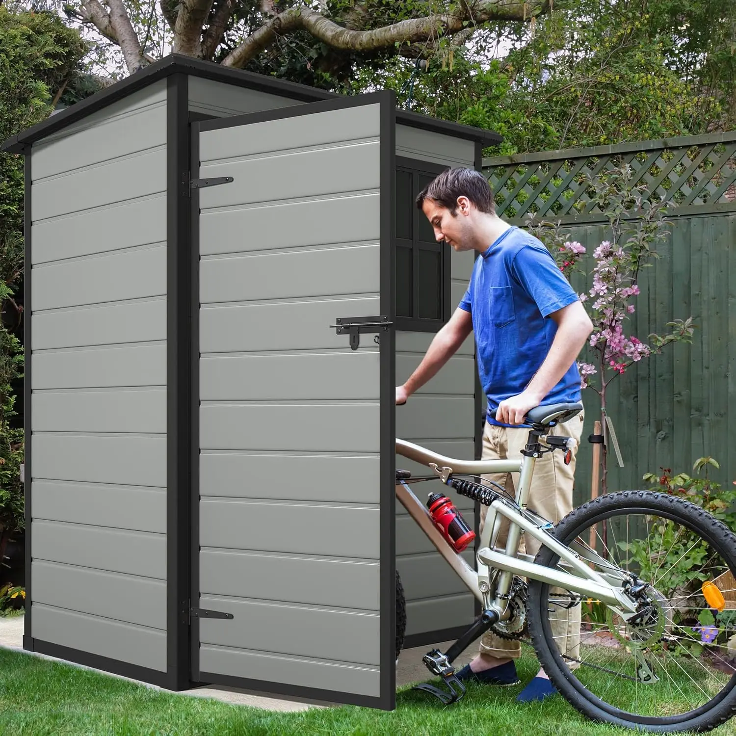 Dwvo 5X3Ft Resin Outdoor Storage Shed With Floor, Waterproof Lockable Storage Shed With Window, Plastic Outside Tool Storage