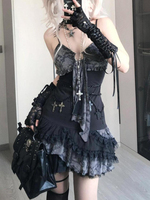 Summer Hot Girl Slim Sling Dress Women Gothic Y2k Sleeveless Off Shoulder Patchwork Dresses Vintage Sexy Lace Design Clothing