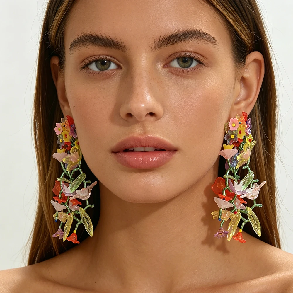 Böhmische Bunte Blumen-Quasten-Ohrringe für Damen Großhandel Sommer Handgefertigte Übertriebene Harz-Hängeohrringe Hochzeitsschmuck – Detail 1