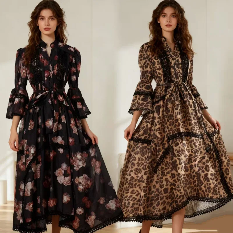 

Sexy Retro Dr Women's 2025 Autumn New Lace Trim High-End Feelings Belted Waist Casual Long Sve Velvet Fabric Skirt