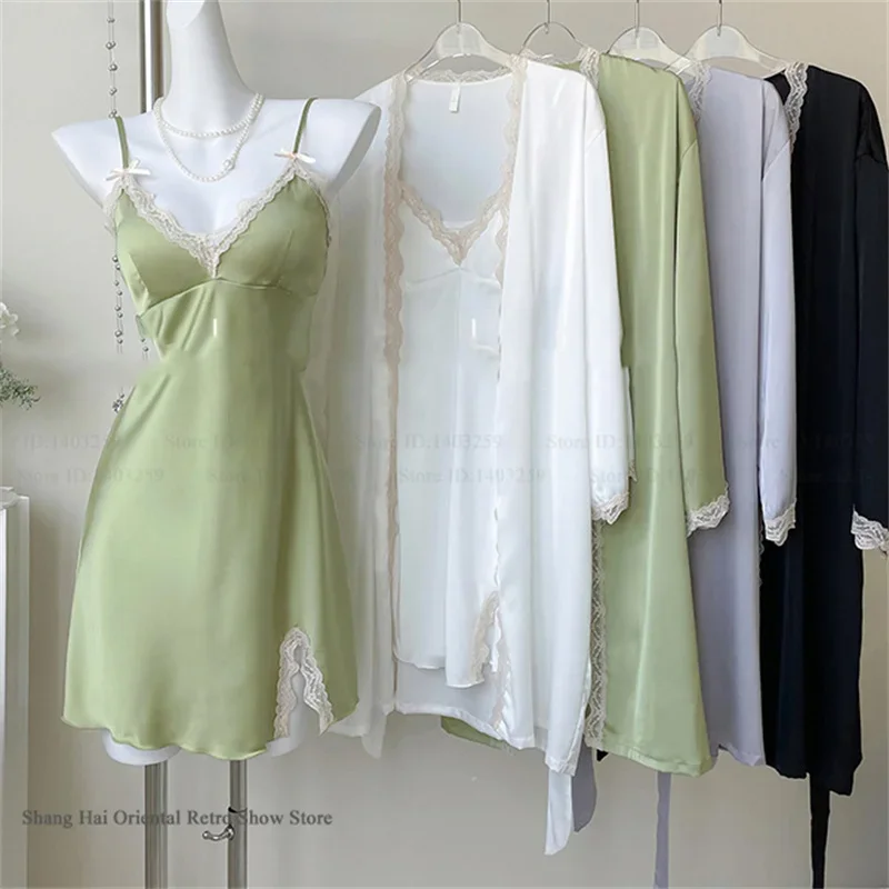 Sexy Lace Twinset Robe Set Suspender Nightdress Lingerie Sleepwear Spring Summer New Sleepwear Nightgown Loose Home Dress Pajama 3